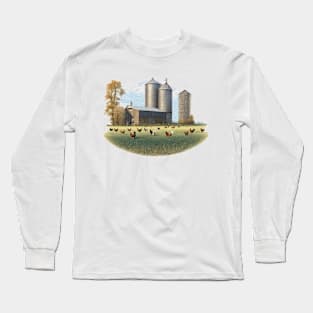 Field of chickens in front of a barn and silo Long Sleeve T-Shirt